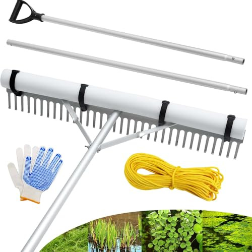 PVNIEFC Floating Lake Rake, 36 Aluminum All Purpose Lake and Landscape Rake with 11' Extension Handle and 52' Rope, Weed & Algae Removal
