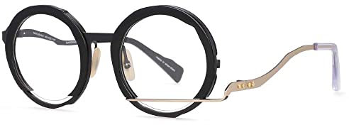HPIRME Retro Runde Brillengestelle Unregelmäßige Männer Frauen Handgefertigte Brillen, Schwarz, Gold, Einheitsgröße
