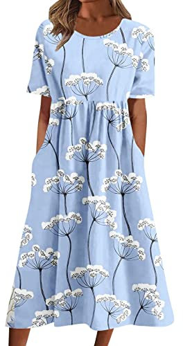 T-Shirt-Kleid für Damen, 2024, lässig, Übergröße, Sommerkleid, Midi-Kleid, Boho, Blumendruck, locker, fließend, lange Kleider mit Taschen, 04 Himmelblau, Groß