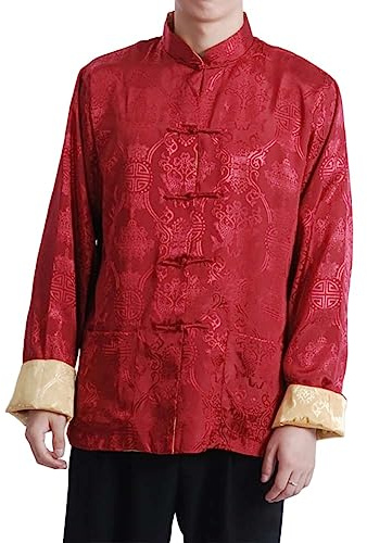 Chinese Style Wedding Long Cheongsam Robe Tang Suit Men Mandarin Collar Martial Arts Kung Fu Hanfu Uniform (50-Red/Yellow, L)
