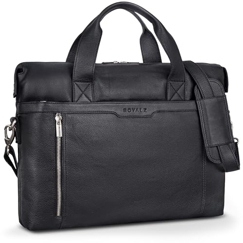 ROYALZ 'Seattle' Moderne Ledertasche Herren aus Echtleder groß - ideal als Business Aktentasche flache Laptoptasche 14-15.6 Zoll zum Reisen mit Trolley Halter;Farbe:Roma Cognac Braun