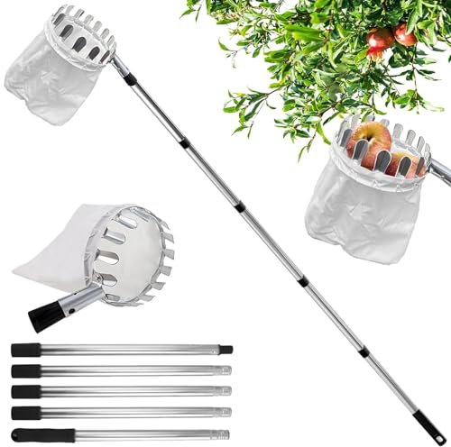 Obstpflücker Diameter 16 cm,2.1M Apfelpflücker, Kirschenpflücker mit Leichter Edelstahl Teleskoppfahl und Baumwollbeutel,Für Die Ernteernte Apfel-Zitrus-Birnen-Pfirsich Usw