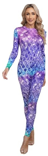 MSemis Frauen Meerjungfrau Cosplay Fischschuppen Druck Jumpsuit Lange Ärmel Ganzkörper Strampler Bodysuit Badeanzug Faschingskostüm