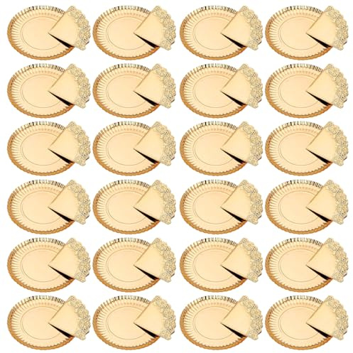 Tradienur - Pack de 24 bandejas y blondas redondas - Fabricación de cartón que incluyen blondas caladas 100% reciclables - Apto para uso alimentario - Ø 23 cm - Color Dorado