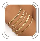Finrezio 3–5 stycken damarmband i guld, 14 karats guldplätering, stapelbara armband i rostfritt stål, figarokedja, pärlor, justerbart armbandsset, vattentäta guldsmycken för kvinnor, [16, 21] cm,