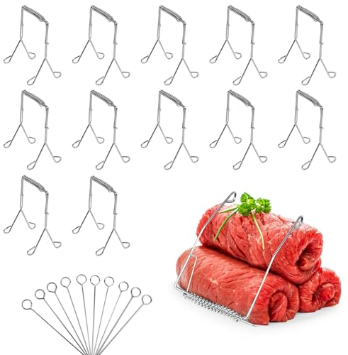 12 Stück Rouladenklammern + 10 Stück Rouladennadeln, Wiederverwendbare Roladenklemmen für Die Schnelle Und Unkomplizierte Herstellung, Rouladenklammern für Schweinebrötchen, Rinderbrötchen