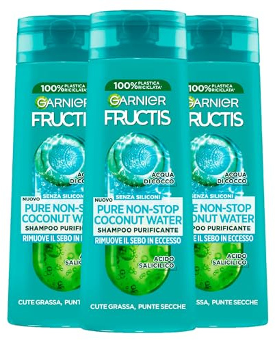 Garnier Fructis Pure Non-Stop Coconut Water Shampoo für fettige Haut, trockene Spitzen mit Kokoswasser, entfernt überschüssigen Talg, ohne Silikon, 3 Flaschen à 250 ml