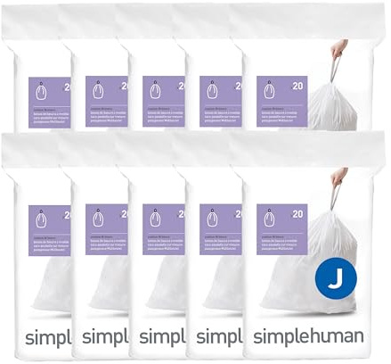 simplehuman Code J 200 Count, Genuine Custom Fit Liners, Drawstring Trash Bags in Dispenser Packs, 30-45 Liter / 8-12 Gallon, White