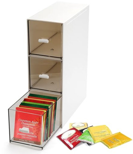 Scatola da Tè con 3 Cassetti, Scatola Porta Bustine da Tè e Tisane, Mobiletto Cucina con Cassetti, Contenitore per Bustine da Tè, Portaspezie in Plastica per Bustine di Tè, Zucchero, Cialde di Caffè