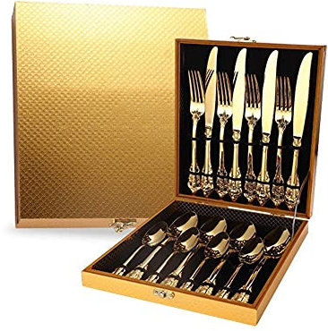 OWOHYG Besteckset mit goldenem Koffer, Elegantes geschnitztes Besteckset aus Edelstahl, Messer, Gabel, Löffel, hochglanzpoliert, für Hochzeiten, Geburtstage, Restaurants, Ho (Gold-16 Piece)