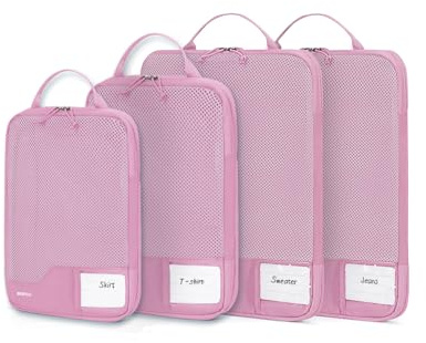 ECOHUB Kompressions-Organizer für Koffer, 4 Stück, recycelte Reisetaschen für Rucksack mit Etikett, reißfester Organizer für Handgepäck, Rosa | Identifikations-Etikett, SBS-Reißverschlüsse, Ripstop-Gewebe, recyceltes Material, atmungsaktiv, für Flugreisen und Zuhause