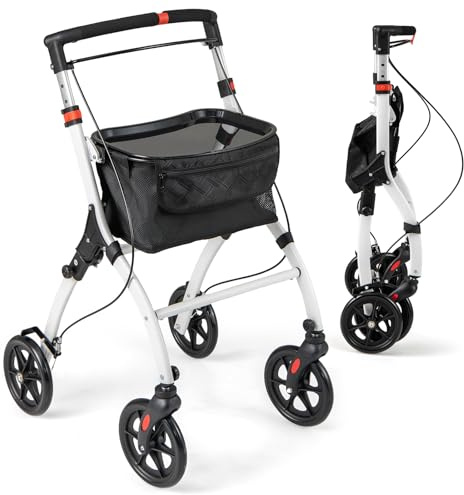 GOPLUS Andador Estrecho Plegable con Bandeja y Bolsa | Caminador para Personas Mayores con Altura Ajustable en 5 Niveles, Marco de Aluminio y Sistema de Freno