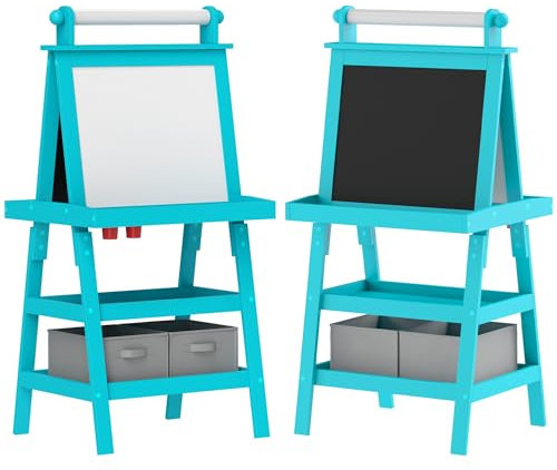 AIYAPLAY Lavagna per Bambini Cancellabile a Doppia Facciate con Rotolo di Carta e 2 Contenitori, Lavagna Magnetica Bianco, Nero con Cavalletto Artistico in Legno per Pittura e Regalo, 3-6 Anni, Blu