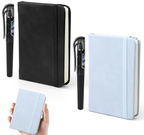 TOPCZY 2er Mini Notizbuch Set Leder Journal A7 Inkl. 2 Stifte Für Reise | Elastikbandverschluss, Kompakte Größe, Blaue Und Schwarze Ausführung, Ideal Im Unterricht, Büroalltag Und Unterwegs