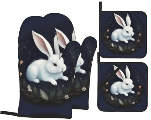 Niedliche weiße Ofenhandschuhe und Topflappen, Set mit 4 Stück, wasserdicht, hitzebeständig bis 260 °C, Mikrowellen-Handschuhe, Backhandschuhe, Kochhandschuhe