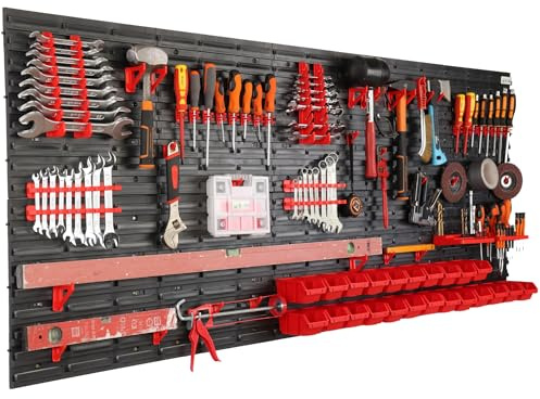 Werkzeugwand Wandregal mit 200x80 cm Abmessungen Behälter 23 tlg. Set im Schwarz/Rot Werkzeughalter Werkstattregal aus Kunststoff Lagersystem Schüttenregal Extra Starke Regal Erweiterbar Lagerregal