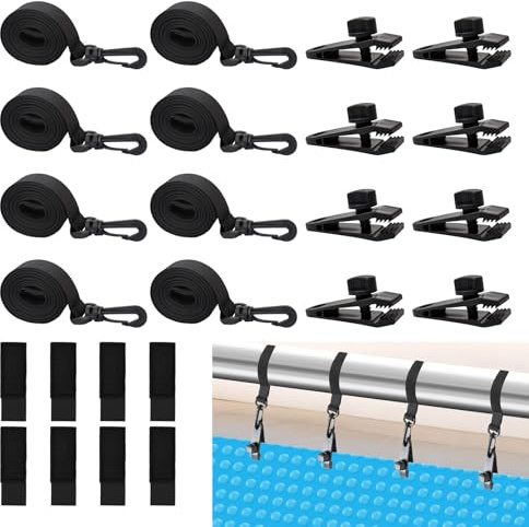 Thrseely 24 Pcs Pool Solar Cover Reel Attachment Kit, Inground Swimming Pool Solar Cover Straps and Clips, Solar Blanket Straps Kit Including 8 Straps with Hooks, 8 Clips and 8 Touch Fastener