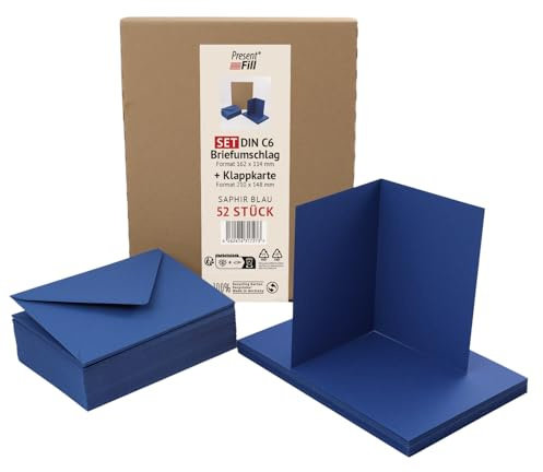 PresentFill 50er Set blanko Falt-Karten inkl. Briefumschläge ohne Fenster Saphir Blau I Klappkarten DIN A6 I Umschläge C6 I Made in Germany I 100% Recycling Kraftpapier I Blauer Engel zertifiziert