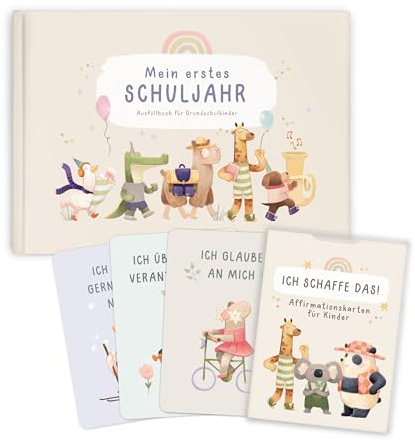 mintkind Einschulungsbundle Kinder ab 5 – Affirmationskarten DIN A7 & Schuljahrbuch Beige DIN A5 – Erinnerungsbuch Mein erstes Schuljahr – Achtsamkeit & Mut zur Einschulung