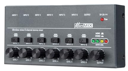 DJ Audio Mixer 4/6/8 Channels Mini Sound Mixer Ultra Low Noise Type-C 5V 2A Stereo Mixer Easy Operation for Small Clubs and Bars(6 Channels)