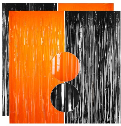 4pcs 3.2 x 8.3ft Glitter Black and Orange Tinsel Curtain Halloween Foil Curtain Door Streamers Fringe Curtains Backdrop Halloween Party Decorations Backdrop Banner for Indoor Home School Office