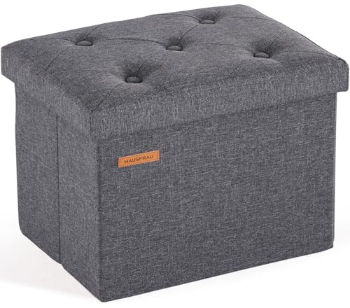 HAUSFRAU Sitzhocker mit Stauraum kleine Sitzbank Hocker klappbar Aufbewahrungsbox, bis 130 kg belastbar, Fußbank für Wohnzimmer Schlafzimmer Flur, 42x31x31 cm, Leinen Grau