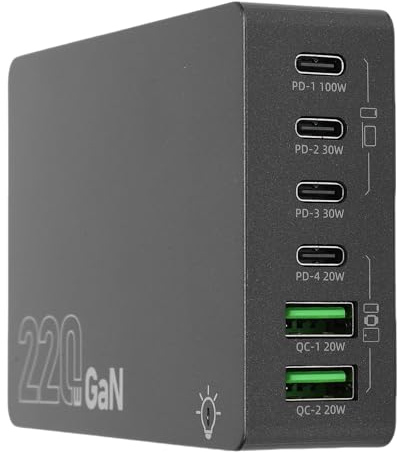 Qcwwy Station de Chargement USB 220W, Adaptateur de Chargeur D'Ordinateur Portable USB C GAN GAN Efficiency Portable USB C Charging Hub Smart Charge Fast Charger pour (Prise UE)