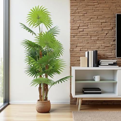 Planta artificial de 160 cm – Planta artificial con 18 hojas realistas y 3 troncos de fibra de coco – increíblemente real, fácil de limpiar, en maceta negra – Palma decorativa para salón, oficina y
