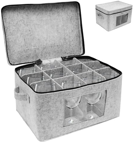 ATopoler Wine Glass Storage Box for 12 Glasses, Premium Felt Stemware Organiser Case with Clear Window & Sturdy Handles, Zipped Portable Protector for Moving, Cupboard & Camping (40x29x25.5cm)