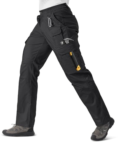 IGOLUMON Pantalones de Trabajo Hombre, Pantalones Cargo Tácticos con 14 Bolsillos y Cintura Elástica, Ripstop Anti desgarro para Trabajo, Jardín y Garaje Negro