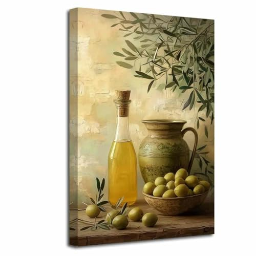 LZIMU Olive Kitchen Leinwandbild Vintage Grüne Olivenzweige Bilder Drucke Rustikale Bauernhaus Gemälde Neutrales botanisches Fruchtposter Stillleben Esszimmerdekor (Grün, (60L x 40B cm))