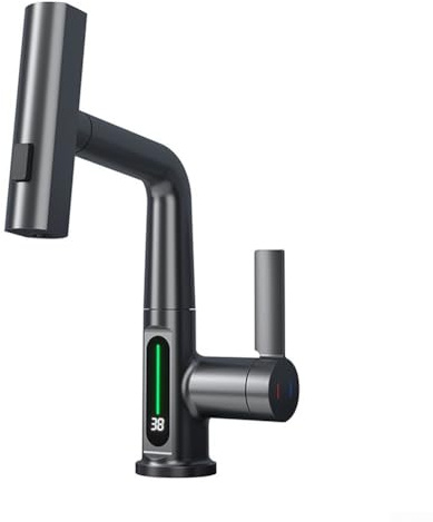 Robinet mitigeur intelligent à affichage numérique extractible avec bec pivotant à 360° et débit en cascade, portée étendue de 60 cm pour cuisine, salle de bain, buanderie ou évier de camping-car