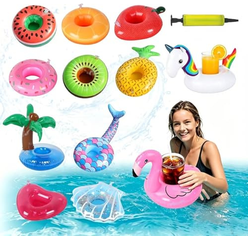 Shyllin 12 Pezzi Set Portabicchieri Gonfiabile con Pompa ad Aria, Portabevande per Piscina,Supporto per Birra,Adatto per Feste a Bordo Piscina, Spiaggia, Hawaiane (A)
