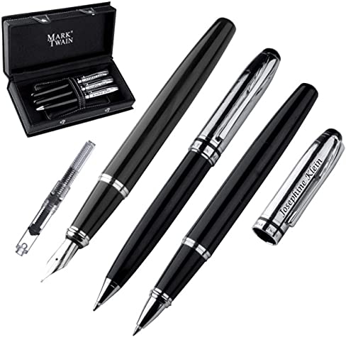 Schreibset MARK®TWAIN Drehkugelschreiber, Füllfederhalter (auffüllbare Mine) und Rollerball 3-tlg. aus Metall mit Laser Gravur schwarzes Design Geschenkbox zum Geburtstag 1346303