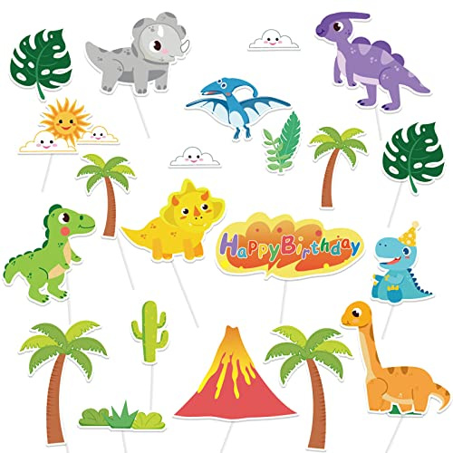 DPKOW 22pcs Dinosaure Décorations de Gâteaux de Anniversaire pour Enfants Garçon, Happy Birthday Cupcake Cake Topper pour Enfants Jungle Dinosaure Décorations de Gâteaux de Anniversaire