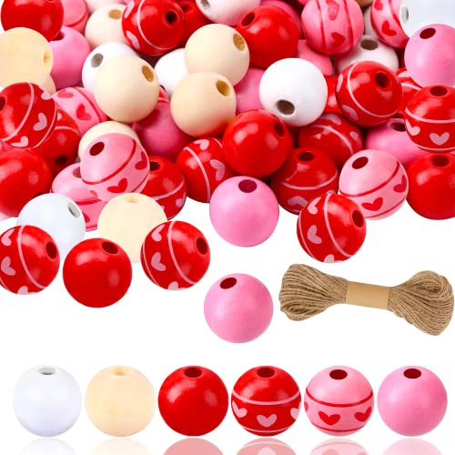 JUNEBRUSHS Rote Holzperlen, 120 Stück Bunte Holzperlen zum Auffädeln 16 mm Valentinstag Natürlich Runden Holzperlen für DIY Basteln Party Urlaub Dekoration