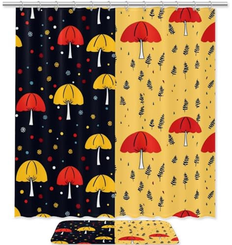 Juego de cortina de ducha, juegos de baño con cortina de ducha y alfombras, paraguas de hoja de lluvia, cortina de ducha