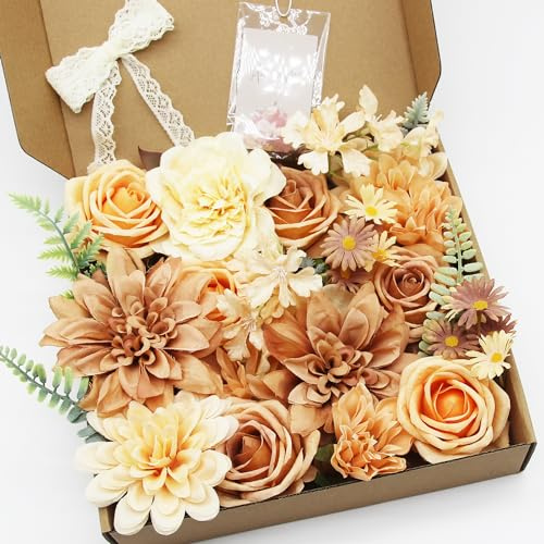 HASWITDA Blumenstrauß aus künstlicher Seide, Kunstblumenkopf, Tischdekoration, Arrangement für Hochzeit, Geburtstag, Babyparty, Party, Geschenk, Champagner & Braun