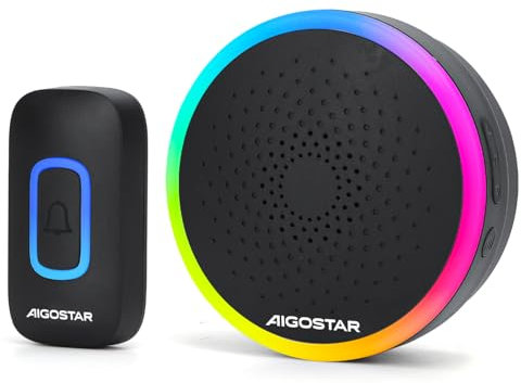 Aigostar campanello senza fili, Campanello Wireless Impermeabile IP55 da Esterno, Campanello Wireless RGB, Portata 150M, 5 Livelli Volume 60 Melodie, Nero