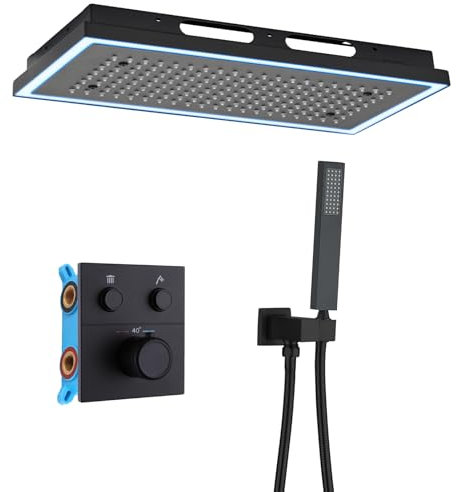 WRKMH Columna Ducha Termostatica, Ducha Empotrada Techo LED de 64 Colores Conjunto Ducha Empotrado Grifo Ducha Empotrado Negro Columna de Ducha con 400 * 200mm Cabezal de Ducha