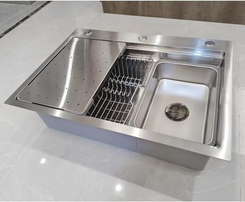 WDSOPK 60 x 50 cm svart rostfritt stål diskho 304 SUS enkelt handfat med dräneringsbräda översvämningssats och dräneringspassning modern design för hem och kommersiellt bruk (silver 60 x 50 cm)