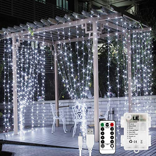 LE Lichtervorhang 3 * 3m, USB Lichterketten Vorhang 300 LEDs Kaltweiß, 8 Modi Dimmbare Kupferdraht, Lichterkette Batterie für Party Weihnachten Hochzeit Außen Innen Schlafzimmer Deko