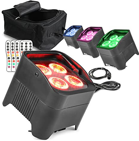 BeamZ BBP94 Wireless Battery Uplighters Set - 4X RGBAW-UV LED Par Lights, Soft Carry Bag Included - DMX Wireless Lighting Kit for Weddings, Events, DJs, Wall Wash & Stage Lighting Effects