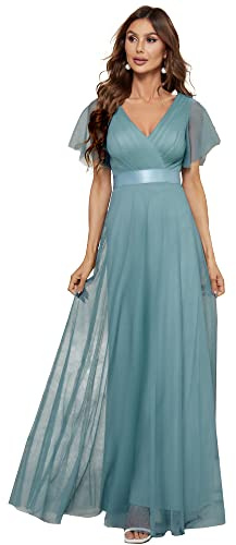 Ever-Pretty Robe de Demoiselle d'honneur Soirée Bal Col en V Manches Courtes A-Line Taille Empire Longue Tulle Femme 07962