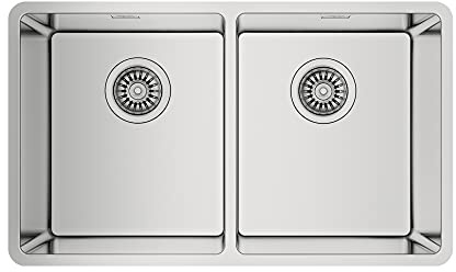 TEKA Fregadero Bajo Encimera 2 Cubetas 80cm en Inox 18/10, Radio R15, Profundidad 200mm, Desagüe con Válvula Canasta 3½”, SilentSmart, Incluye Accesorios de Fijación, Modelo Be Linea RS15 2C 740