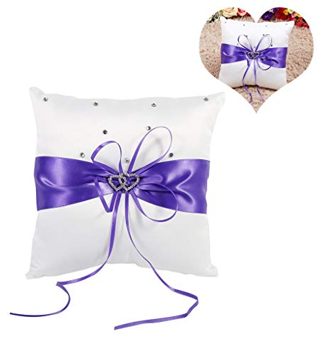 Cafopgrill 4 Farben Hochzeit Ringkissen Bowknot Stain Doppel Herzen Diamanten Hochzeit Ringkissen Inhaber Inhaber Kissen Kissen mit Bowknot(Violett)
