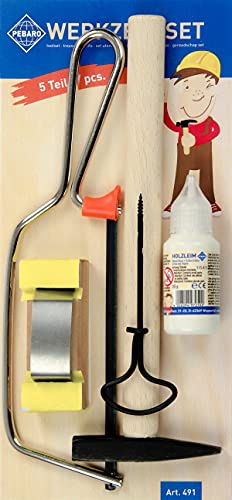 Pebaro 491 Werkzeugset mit Stahlhammer, Säge für Holz, Nagelbohrer, Schmirgelblock, Holzleim, perfekt für Hobby-Handwerker und Bastler, Basteln mit Holz