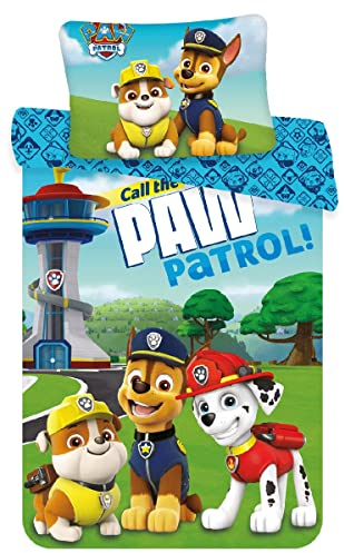 JFabrics Bettwäsche für Babys, Motiv: Paw Patrol, wendbar, Bettbezug 100 x 135 cm + Kissenbezug 40 x 60 cm, Marcus, Chase und Ruben