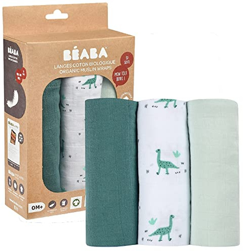 BÉABA, uppsättning av 3 muslinblöjor, dregellappar, ekologisk bomullsmuslin, multifunktionsdukar: omlottfilt, haklapp, gosig duk, supermjuk, ventilerande, stor, 70 x 70, ekologisk och hälsosam, motiv