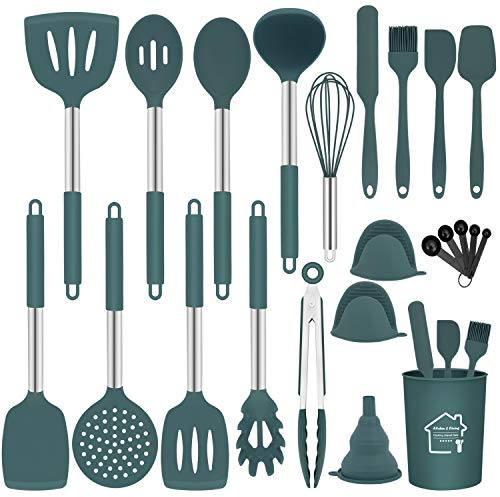 Silicone Kitchen Cooking Utensils Set with Holder,23 Pcs Heat Resistant Kitchen Utensil Set,BPA Free Kitchen Utensils Spatula Set,Nonstick Cookware with Stainless Steel Handle - Green(Dishwasher Safe)